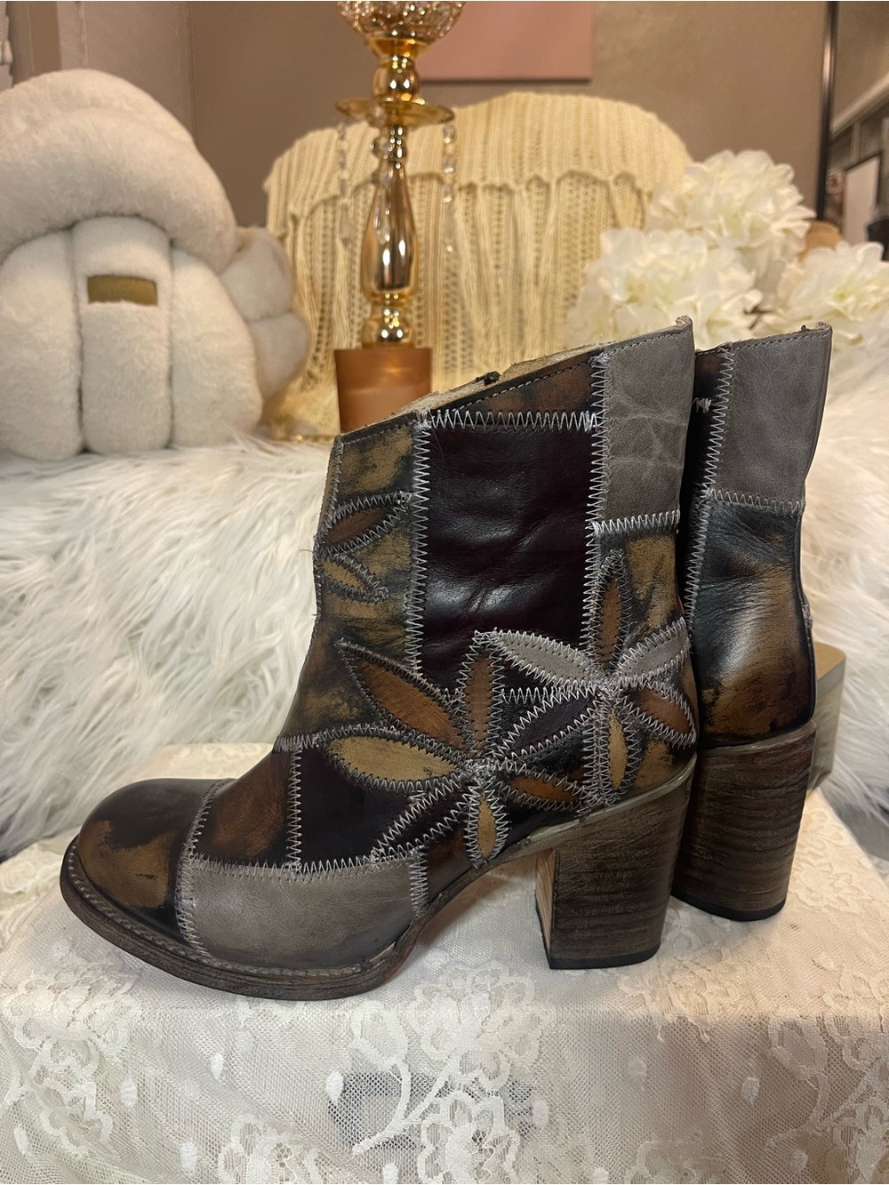 Freebird EUC/HTF/RETIRED “Flower” Patchwork Leather Ankle Boots MSRP$395